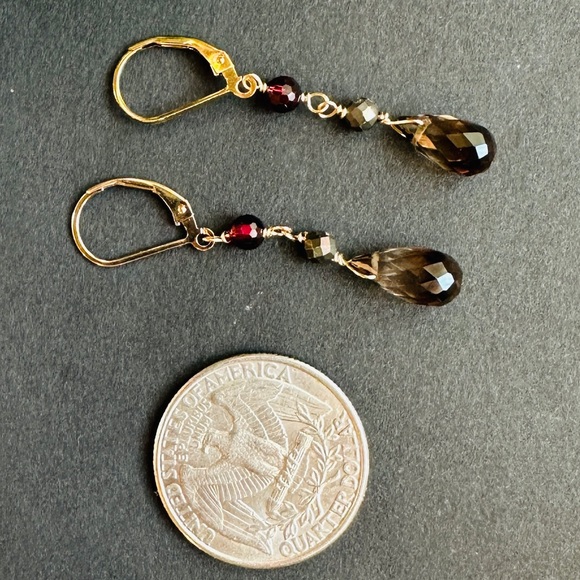 Smoky Quartz Earrings Garnet Pyrite lever back 14k GF - Picture 4 of 7